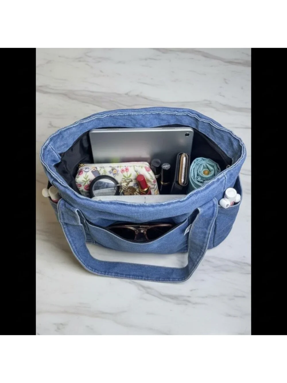 Stylish Light Blue Denim Tote Bag, Multi-Pocket Canvas Handbag for Women